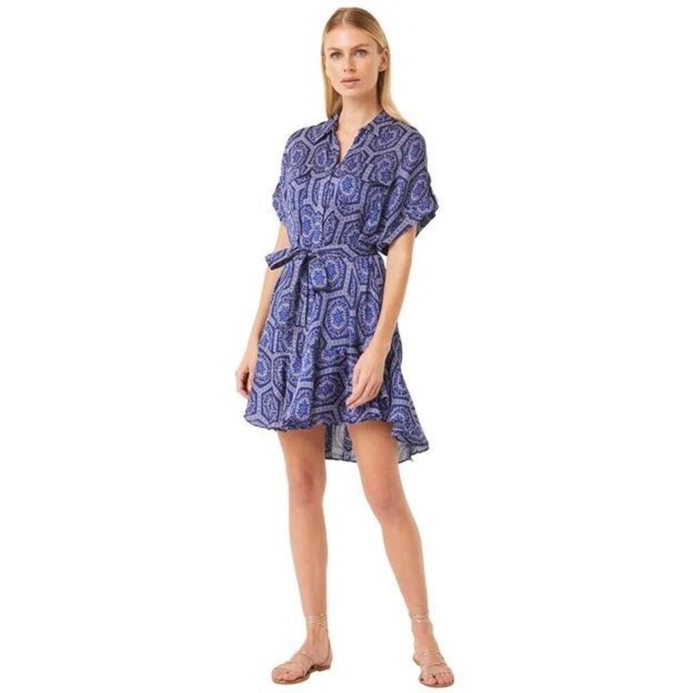 Misa NWT Vienna Shirt Dress Lapis Tile Satin Blue Large Hi Low Hem Roll Sleeve
